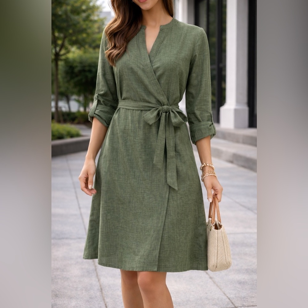 V-Neck Wrap Midi Dress with Tie Belt in Olive Green - Picture 1 of 9